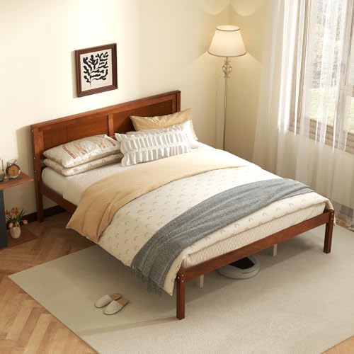 KOMFOTT Queen Size Wood Platform Bed Frame with Headboard, Solid Wood Bed Frame with Slat Support, 10-Leg Support, Under Bed Storage, 16” Mattress Foundation Bedroom Furniture, No Box Spring Needed