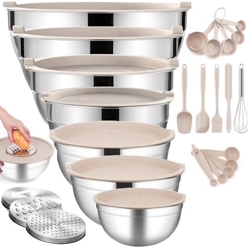 Mixing Bowls With Lids Set,Stainless Steel Mixing Bowls Set With 3 Grater,Metal Nesting Bowls For Kitchen Baking Refrigerator Meal Prep Food Storage Organizer,7 Size(Khaki)