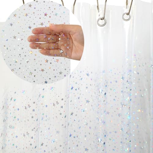 Holographic Thin 3D EVA Shower Curtain Liner Glitter Star, 72x72 Premium Light Weight Clear Plastic Bathroom Shower Curtain with Rustproof Metal Grommets for Shower Stall, Bathtubs(No Hooks)