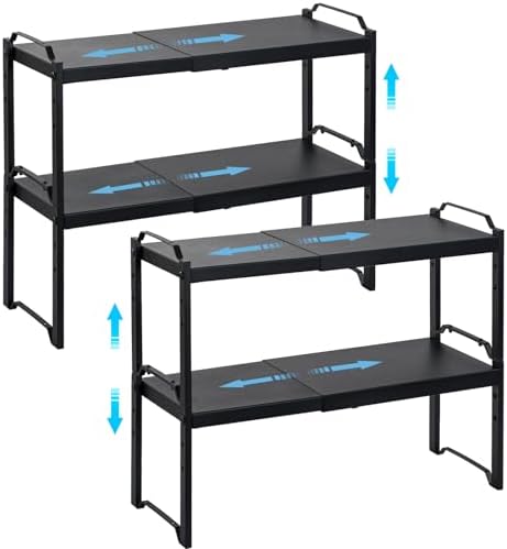 4 Pack Kitchen Cabinet Shelves Organizers, Kitchen Counter Storage Shelf Spice Rack, Expandable Length, Adjustable Height, Stackable, Sturdy 30LBS Bearing, Small Cupboard Tabletop Organizer Shelf Rack