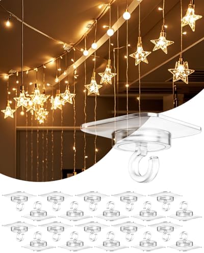 Adhesive Ceiling Hooks for Hanging Decor：20 Pack No Drill Small Drop Ceiling Hanger Strips for Decorations - Clear Decorative Ceiling Clips for Classroom Bedroom Room Party Halloween Christmas