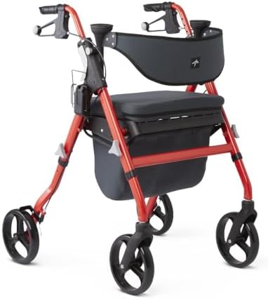 Medline Rollator Walker with Seat, FSA/HSA Eligible Rollator Walker for Seniors, 8” Wheels, Memory Foam Seat, Folding Rollator, 300 lb Capacity, Cupholder, Microban* Protection, Red
