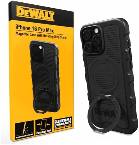 DEWALT 360° Rotatable Magnetic Ring for iPhone 16 Plus Case, Heavy Duty Drop Protection Fit for MagSafe w/Stand & Ring Holder, Shockproof Nanobubbles for iPhone 16 Plus Phone Case Ostand, Black