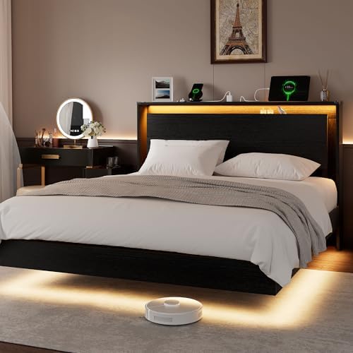Bed Frame Queen Size with LED Lights & Charging Station – Kids Wood Floating Queen Bed Frame with Storage Headboard, Adhesive Slats, Kick-Free & Noise-Free Design, Easy Assembly, Black