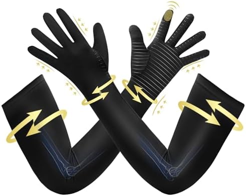 Copper Long Compression Arthritis Gloves for Women Men, Full Finger Hand Compression Gloves with Touchscreen Tip, Full Arm Pressuse Support Sleeves for Carpal Tunnel, Lymphedema, Trigger Finger
