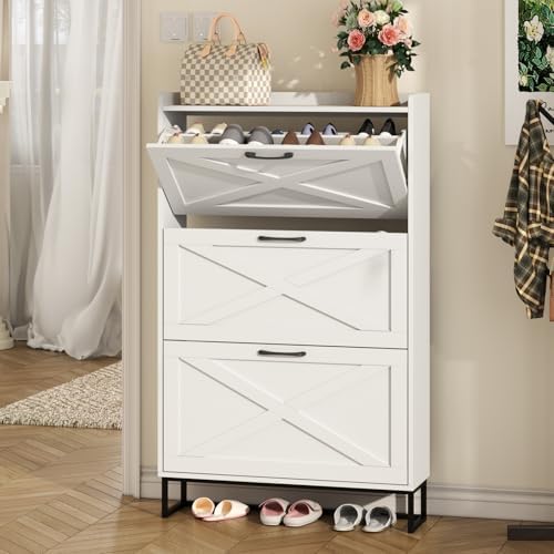 Maupvit Shoe Storage Cabinet with 3 Flip Drawers, Freestanding Organizer with Metal Legs for Entryway, Narrow Shoe Rack Cabinet, White