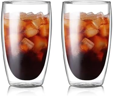 15oz Double Wall Glass Coffee Mugs, Insulated Latte Cups Set of 2, for Coffee, Espresso, Tea, Milk, Clear Cappuccino Cups Set Glassware Gift for Christmas Birthday