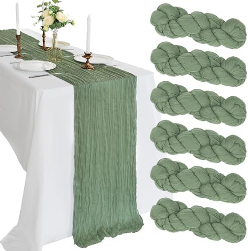 6 Pack 10FT Sage Green Cheesecloth Table Runner 120 Inch Long Gauze Rustic Boho Cheese Cloth Table Runner Sheer Fabric for Wedding Party Birthday Bridal Baby Shower Summer Centerpiece Home Decor