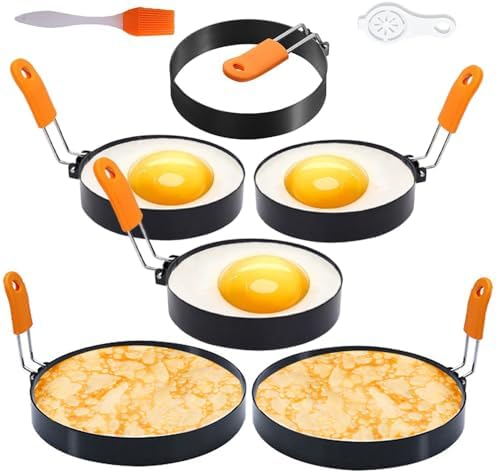 6 Packs Professional Egg Ring Pancake Ring Set,Non-Stick Stainless Steel 6" Pancake Mold Pancake Shapers 4" & 3.5" Cooking Ring with Silicone Handle for Griddle Frying Egg Breakfast (6" 4" 3.5"）