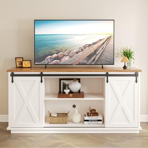 Modern Farmhouse TV Stand for Televisions up to 65’’, Entertainment Center with Storage Cabinets and Sliding Barn Doors, Media TV Consoles for Living Room, Bedroom, White