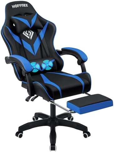 Gaming Chair with Massage Ergonomic Computer Chair with Footrest and Lumbar Support Reclining PC Game Chair for Boys with Adjustable Armrest and Headrest Blue