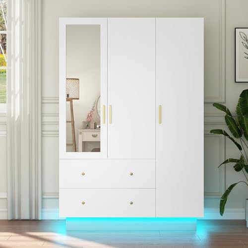 3 Door Armoire Wardrobe Closet Cabinet with Mirror and LED Light, 2 Drawers, 3 Doors, Hanging Rod, Large Capacity Storage Wardrobe Armoire for Bedroom, White