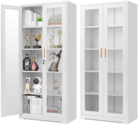 Display Cabinet with Glass Doors, 71'' Tall Curio Cabinets with Lock, Metal Glass Display Case for Collectibles, Living Room, School, Commercial, White, Assemble Required