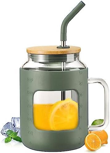 50 oz Glass Water Bottles with Silicone Sleeve,Glass Tumbler with Lid and Straw,Iced Coffee Cup with Handle,BPA Free-Olive