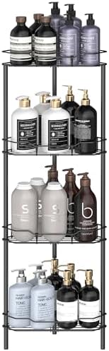 4 Tier Floor Standing Corner Shower Caddy Organizer Shelf with Hooks, Bathroom Shelves Stand Rack, Matt Black