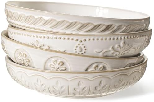 Artena Pasta Bowls, 50oz Large Salad Serving Bowls, 9.75'' Plates Bowls Set of 4, Big White Ceramic Soup Bowls for Kitchen, Embossment Shallow Dinner Bowl, Microwave Dishwasher Safe, Multiple Patterns