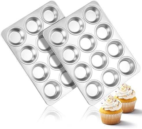 Herogo 2 Pack 12-Cup Stainless Steel Cupcake Pan Tin for Making Egg Muffin Quiches, Metal Muffin Tray Set for Baking, Mini Brownie, Regular Size & Easy Clean, Oven & Dishwasher Safe