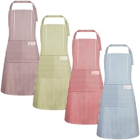 4 Pack Stripes Apron for Women, Waterproof Kitchen Cooking Apron with 2 Pockets Adjustable Chef Apron Baking Aprons Bib Aprons Artist Apron for Cooking, Cleaning, Painting, Serving