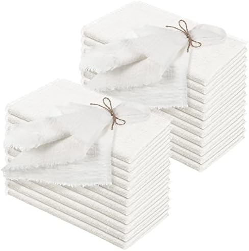 Preboun 24 Pcs Fringe Napkins Bulk Cloth Cotton Soft 17 x 17 Inch Rustic Reusable Washable Festive Square Table Napkins with Fringe for Parties Wedding Restaurant Table Accessory(White)