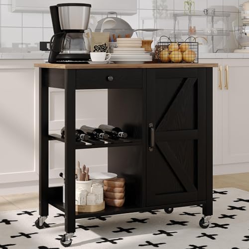 4 EVER WINNER Rolling Kitchen Island Cart with Storage, Bar Cart with Wine Rack and Adjustable Shelves, Small Kitchen Island on Wheels for Kitchen,Black