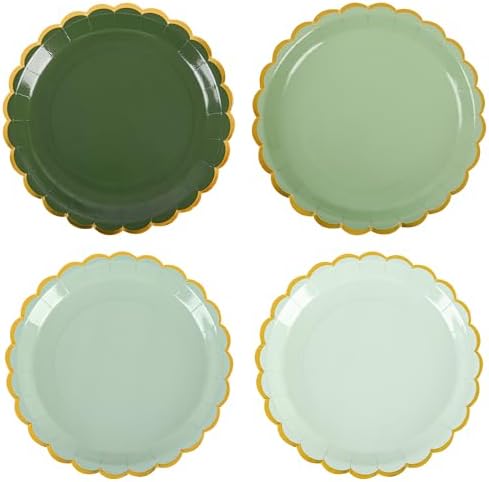 Sage Green Paper Plates Gradient Color Disposable Dessert Party Plates 7inch Gold Foil Scalloped Plate for Christmas Bridal Baby Shower Wedding Tea Party Supplies (24, Sage Green)