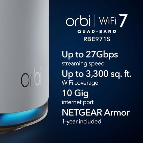 NETGEAR Orbi 970 Series Quad-Band WiFi 7 Mesh Router (RBE971S), Covers Up to 3,300 sq. ft., 200 Devices, 10 Gig Internet Port, Expandable to Create A Mesh System, BE27000 802.11be (Up to 27Gbps)
