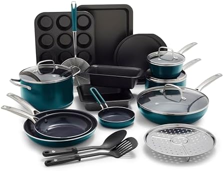 Blue Diamond 20 Piece Cookware and Bakeware Set, Diamond Infused PFAS-Free Ceramic Nonstick Pots and Pans, Durable Nontoxic Metal Utensil Safe & Scratch Resistant, Dishwasher & Oven Safe, Green