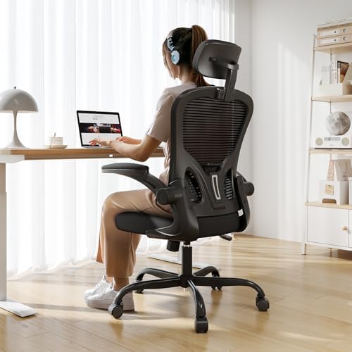 Ergonomic Office Chair Big and Tall, 350LBS Capacity, 6'5" Tall Max, Home High Back Desk Chair for Long Hours Comfortable, Adjustable Lumbar Support and Headrest, Flip-up Arm and PU Wheels, Black