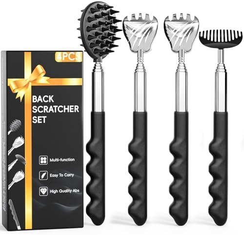 4 Pack Versatile Back Scratcher, Christmas Gifts for Men, Stocking Stuffers for Men Women, Portable Telescoping with Different Heads and Rubber Handle, White Elephant Gifts for Adults - Black