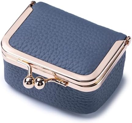 Genuine Leather Mini Jewelry Box - Vintage-Inspired Travel Jewelry Organizer with Kiss Lock, Compact Ring Box for Women, Perfect for Earrings, Rings, Necklaces, Bracelets (B Blue)
