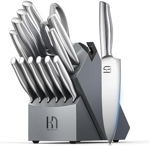 Knife Set, 14 Pcs Premium Japanese High Carbon Stainless Steel Kitchen Knife Set, Razor Sharp Knife Block Set with Built-in Sharpener, Quality Acacia Wood Block Knife Sets Ergonomic Handle