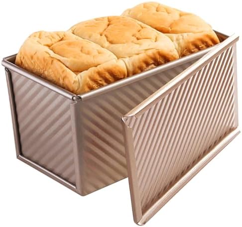 Pullman Loaf Pan with Lid, Non-Stick Bakeware Corrugated Carbon Steel Bread Toast Box Mold with Cover for Baking Bread, 1 lb Dough Capacity, Black/Golden Randomly Color