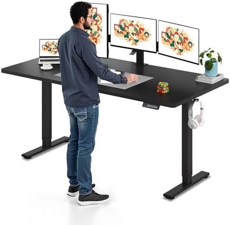 SANODESK Electric Standing Desk 71 x 32 Inches Height Adjustable Stand Up w/6-Button Controller Ergonomic Computer Desk with Splice Board for Home Office, Black Frame + Black Tabletop