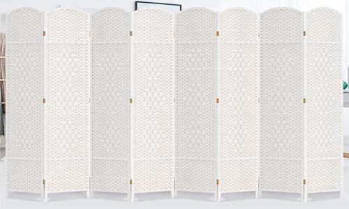 Duraspace 8 Panels Room Divider 6 FT Tall Weave Fiber Privacy Screen Freestanding Double Hinged Folding Screen Extra Wide Room Dividers for Patio Privacy (Off White)