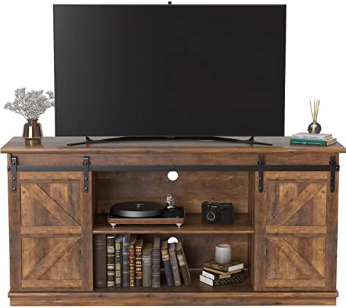 JUMMICO TV Stand for 65 Inch TV, Entertainment Center with Storage Cabinets and Sliding Barn Doors, Mid Century Modern Media TV Console Table for Living Room Bedroom (Rustic Oak)