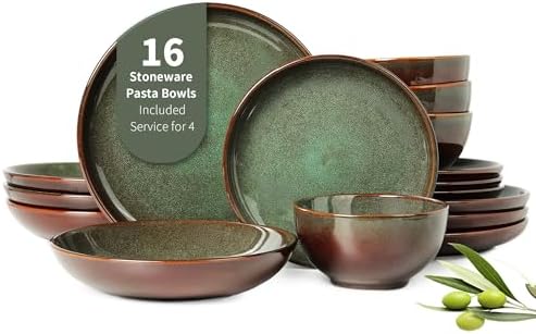 16 Piece Double Bowl Dinnerware Sets with Pasta Bowls, Highly Chip and Crack Resistant Plates and Bowls Sets, Natural Earthyware Ceramic Dishware Sets, Service for 4 Sage Green