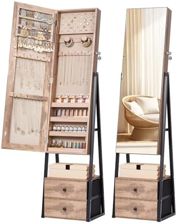 Nicetree Jewelry Cabinet Armoire with 2 Drawers,Standing Jewelry Mirror Cabinet, Full Length Mirror with Jewelry Storage, Lockable Jewelry Organizer with Mirror,Toasted Oak