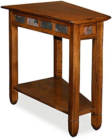 Leick Home Slate End Table, Solid Wood, Narrow Wedge Shape, Slate Tile Insets, Bottom Display Shelf, Easy-Assembly, Rustic Oak, 23.5 in. L x 17 in. W x 24 in. H, 10056