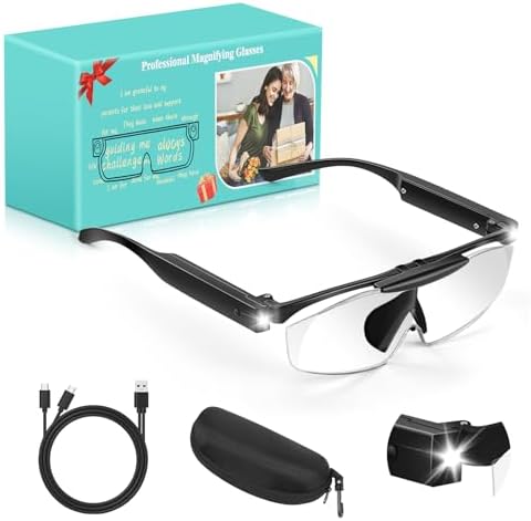 250% Magnifying Glass with Light, Rechargeable Head Magnifier Glasses with Lights, Flip-top Hands Free Magnifier Eyeglasses for Close Work, Jewelry Reading Craft Hobby, Black