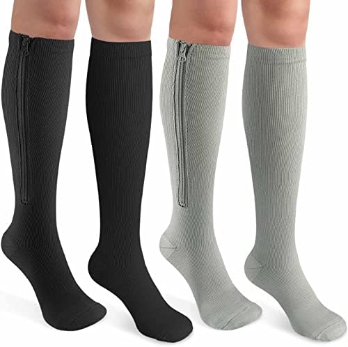 CASMON 2 Pairs Zipper Compression Socks for Women & Men, 15-20 mmHg Closed Toe Knee High Support Sock with Zipper for Varicose Vein Edema