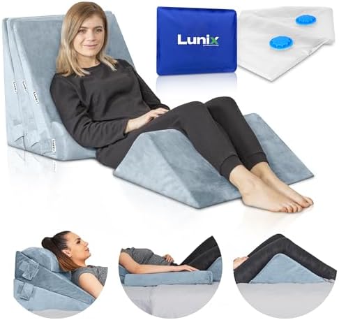 Lunix 5pcs Orthopedic Bed Wedge Pillow Set, Post Surgery Memory Foam for Back, Leg, and Knee Pain Relief, Adjustable Sitting Pillow for Sleeping, Acid Reflux, and GERD, with Hot Cold Pack, Gray