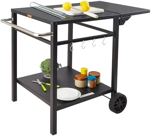 VEVOR Outdoor Grill Dining Cart with Double-Shelf, BBQ Movable Food Prep Table, Multifunctional Foldable Iron Table Top, Portable Modular Carts for Pizza Oven, Worktable with 2 Wheels, Carry Handle