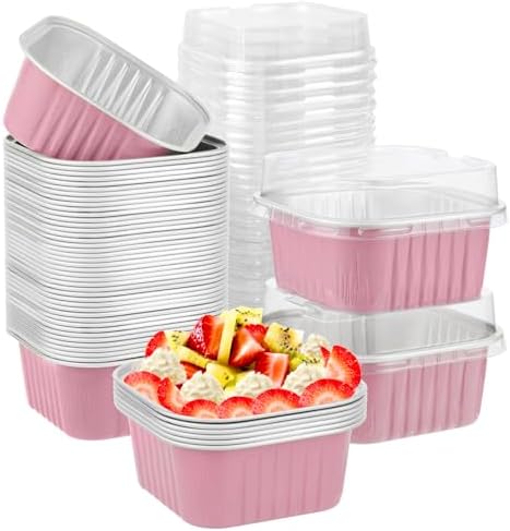 50 Pcs Aluminum Foil Mini Square Baking Cups with Lids,5oz Disposable Ramekins Cake Pans,Cupcake Baking Cups Containers for Bread Muffin Brownie Cheesecake,Pink