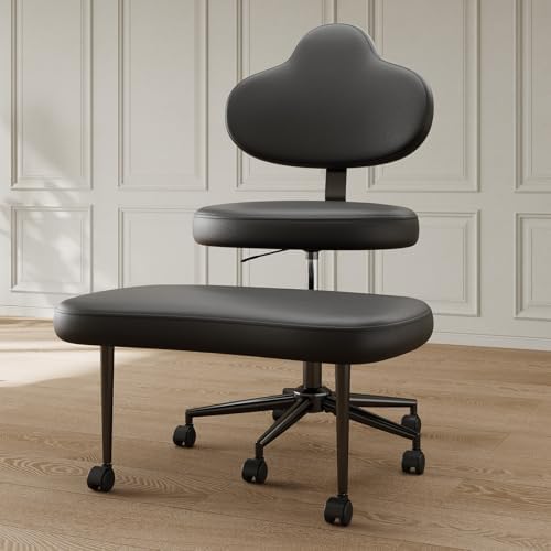 Cross Legged Office Chair with Wheels, Meditation Chair, ADHD Chair for Adults, Wider Height Adjustable Backrest and Seat, Yoga Office Chair, PU Leather, Black