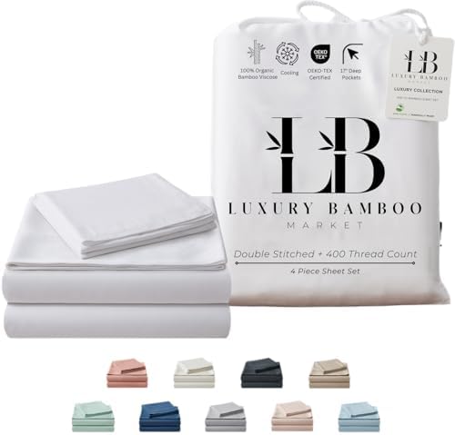 Luxury Bamboo Market | King Size Bed Sheet Set | 100% Viscose Made from Bamboo | Organically Grown | Ultra Soft | Cooling Sheets for Hot Sleepers | 17" Deep Pocket [Classic White]
