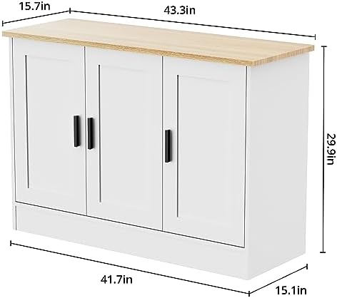 Anystyle 43.3”W White 3 Door Buffet Cabinet, Coffee Bar with Adjustable Shelf, Kitchen Sideboard for Living Room, Kitchen