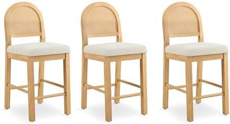 Rattan Counter Height Bar Stools Set of 3, Upholstered Farmhouse Barstools with Natural Rattan Back, Wooden Legs for Kitchen Island, Natural/Linen