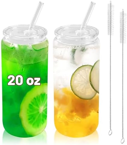 Joyclub 20 oz Glass Cups with Acrylic Lids and Straws 2pcs Can Shaped Glass Iced Coffee Cups with Lids, Drinking Jar Glasses Cute Tumbler Cup Great for Smoothie Soda Boba Tea Cocktail Beer Gift