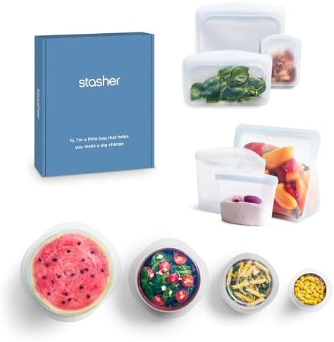 Stasher Premium Silicone Reusable Food Storage Bags and Stretch Lids 10-Pack, Clear, Airtight Seal, Food Containers & Covers, Boxed Starter Kit, BPA Free, Leak-free, Dishwasher Safe, Eco-Friendly