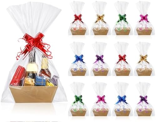 50 Pcs Empty Gift Basket Set 12 Pcs Basket for Gifts Empty Kraft Market Tray with Handles, 18 Bags, and 20 Multicolor Bows for Christmas Wedding Birthday(10 x 7 x 3 Inches)